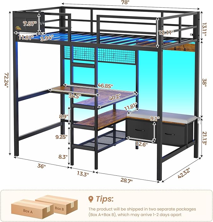 DICTAC Twin Loft Bed with L-Shaped Desk,Storage Shelves and Charging Station Metal Loft Bed Twin Size with LED Lights,Coat Rack with Drawers and Stair,Top Bunk with Safety Guardrail for Teen,Black