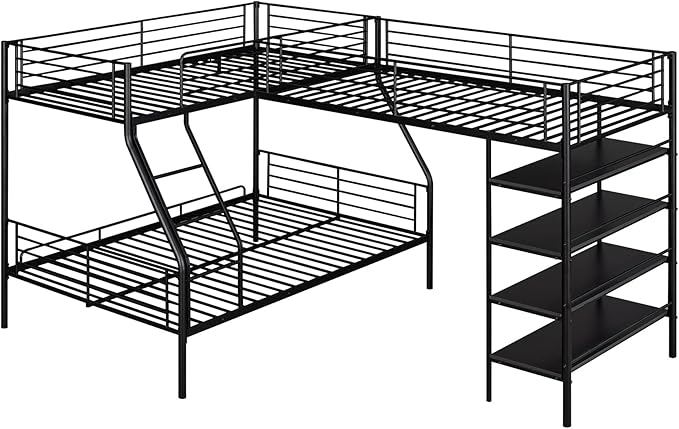 Bellemave Triple Bunk Beds, L-Shape Twin Over Full Bunk Bed Attached a Loft Bed with Desk, Triple Bunk Beds with Slide, Metal Corner Bunk Bed Frame for Three Kids Boys Girls Teens, Antique Black