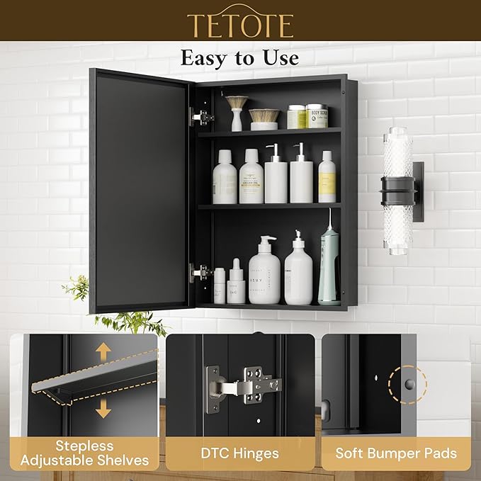 TETOTE 24" x 30" Medicine Cabinet Mirror Fully Assembled Black Bathroom Mirror with Storage Adjustable Shelves Tempered Beveled Mirror, Surface Wall-Mounted or Recessed