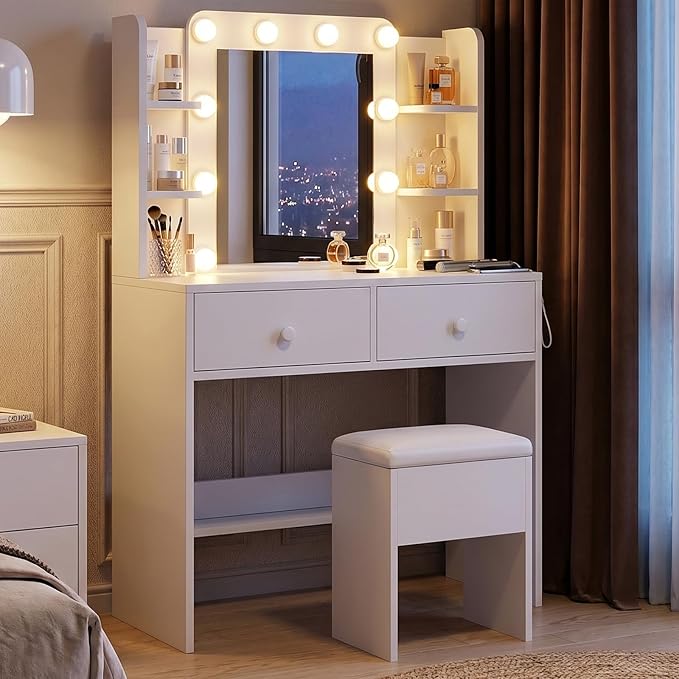 FUXA Makeup Vanity Desk with LED Mirror and Charging Station, Vanity Table Set with Storage Drawers, Shelves and Chair, Dressing Table with 3 Lighting Modes for Bedroom, White