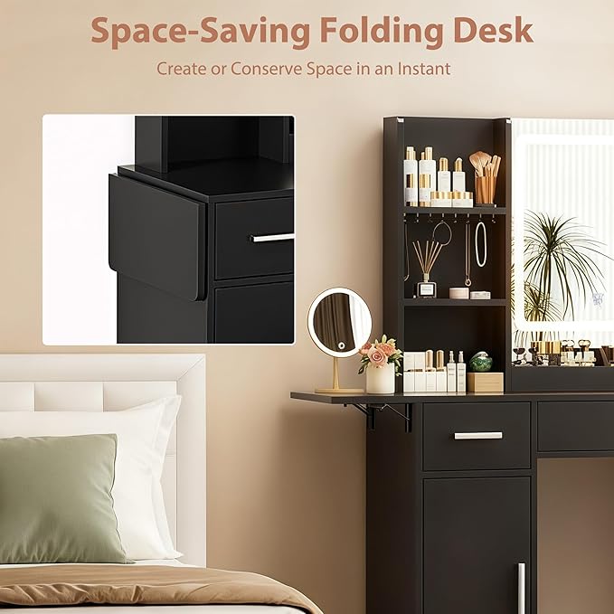 ERLEJIA Vanity Desk with Mirror and Lights, 39.37" 4 Drawers Makeup Desk Without Stool, Extra Foldable Desk with 3 Open Shelves Make Up Table for Girls and Ladies Bedroom, Black