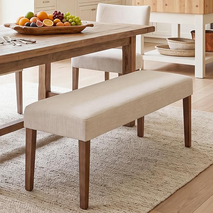 HNY Farmhouse Upholstered Dining Bench Seat, 45" Linen Entryway Bench with Natural Wood Legs, Mid Century Modern End of Bed Bench for Kitchen Bedroom Living Room Hallway, for 2-3 Person, Beige