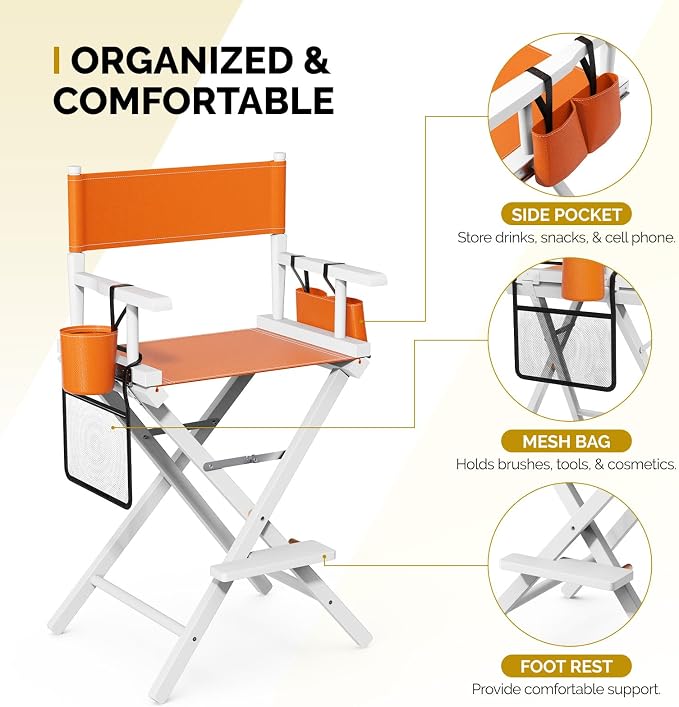 OmySalon 26" H Tall Directors Chair, Wooden Portable Folding Makeup Chair w/Storage Pouch & Footrest, Professional for Salon/Events/Mobile Services, 250lb Capacity, Orange Canvas & White Frame