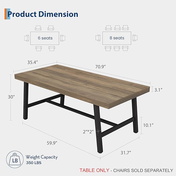 GarveeHome Industrial Dining Table for 6-8 People, 70.87" Long Kitchen Table with Sturdy Metal Frame, Rectangular Counter for Dinner, Kitchen, Dining Room (Rustic Pear, 71" Non-extendable)