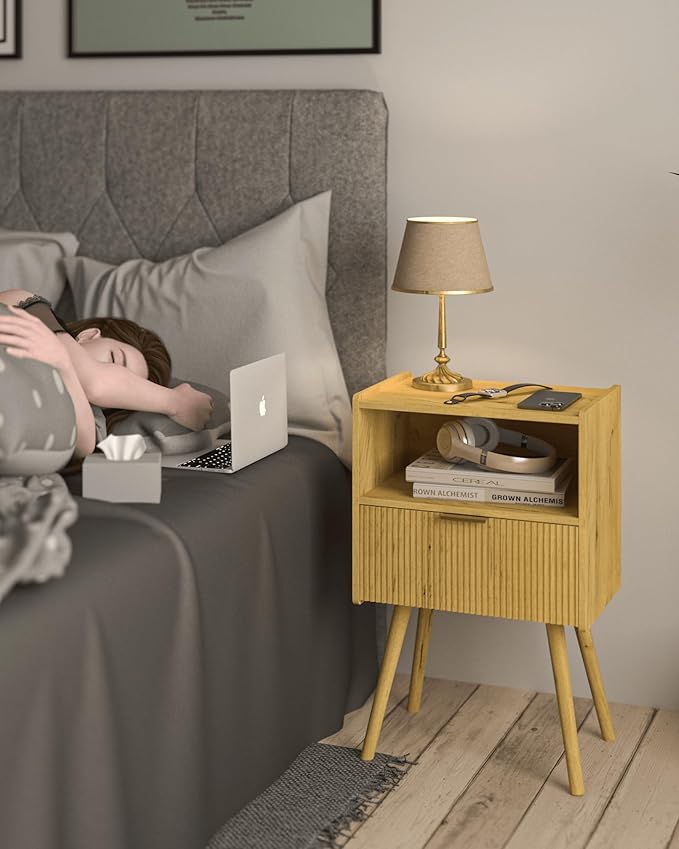 JOONEE Nightstand,Modern Bedside Table with Storage Drawer and Open Wood Shelf, for Living Room, Bedroom and Small Spaces, Accent Night Stand with Solid Wood Legs, Easy Assembly,Vintage Yellow Oak