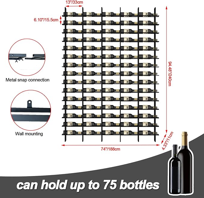 Large Wall Mount Wine Rack, 16 Tier 160 Bottle Wine Storage Organizer Display Holder, Metal Liquor Display for Wine Cellars, Home Bars, Kitchens, and Dining Rooms (Black, 160 Bottles)
