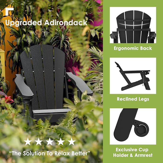 GREENVINES Adirondack-Chairs-with-Ottoman | Set of 4 | Folding | Retractable-Footrest | HDPE Plastic | All Weather Fire Pit Chair | Cup Holders | Black | for Outdoor Poolside