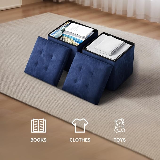 Storage Ottoman Bench, 15 Inch Ottoman Foot Rest, End of Bed Bench, Storage Chest for Living Room, Bedroom, Entryway, Navy Blue