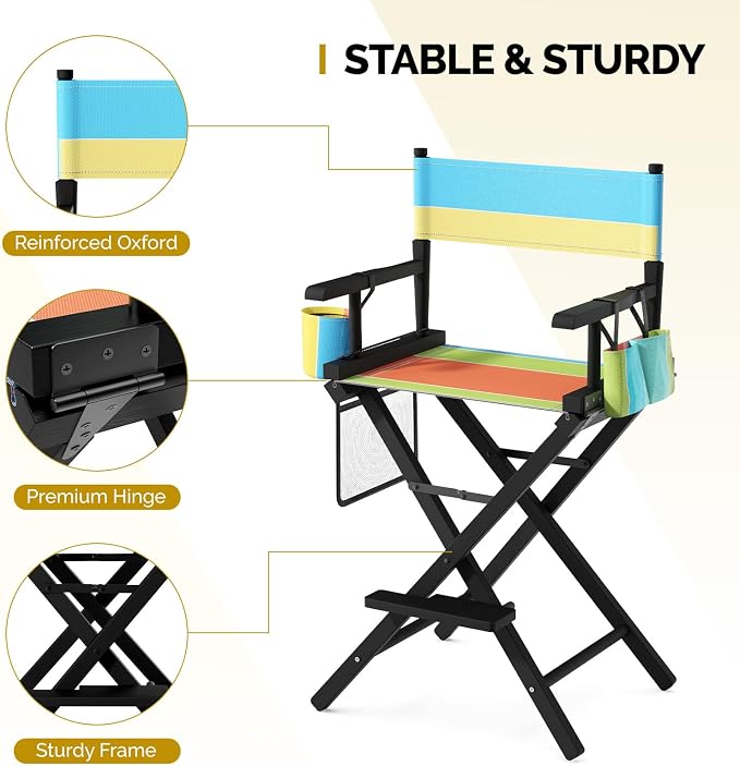 OmySalon 26" H Tall Directors Chair, Wooden Portable Folding Makeup Chair w/Storage Pouch & Footrest, Professional for Salon/Events/Mobile Services, 250lb Capacity, Colorful Canvas & Black Frame