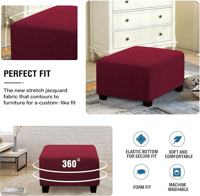 H.VERSAILTEX Square Ottoman Covers Ottoman Slipcovers Folding Storage Stool Furniture Protector Form Fit with Elastic Bottom, Stretch High Spandex Small Checks Jacquard Fabric(Large,Burgundy Red)
