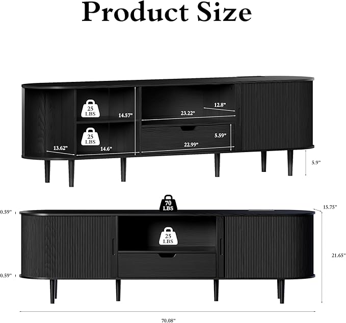 DHH 71" Fluted TV Stand with Power Outlet for TVs up to 80", TV Console with Adjustable Shelves and Sliding Door,Mid Century Modern Entertainment Center for Living Room,Bedroom (Black, 71Inch)