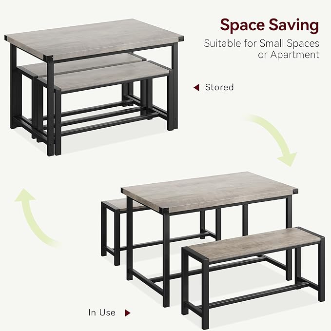 IDEALHOUSE Dining Table Set for 4, Kitchen Table with Benches, Rectangular Dining Room Table Set with 2 Metal Wood Benches, 3 Piece Dining Table Set for Small Space, Apartment, Dinette, Retro Gray