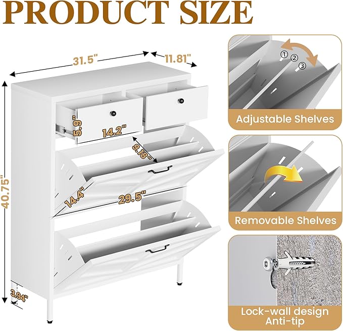 Metal Shoe Storage Cabinet for Entryway,White Shoe Cabinet with 2 Flip Drawers & 2 Top Drawers Hidden Slim Shoe Organizer Rack Freestanding Narrow Entrance Shoe Cabinet with Leg for Hallway Front Door