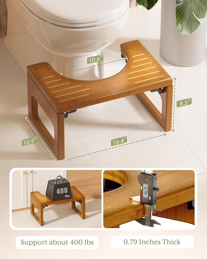 AmazerBath 8.5 Inches Bamboo Toilet Stool Squat for Adult, Foldable Squatting Potty Stool for Bathroom, 0.79" Thickness Poop Stool with Non-Slip Strip, No Assembly Required, Dark Wood Color