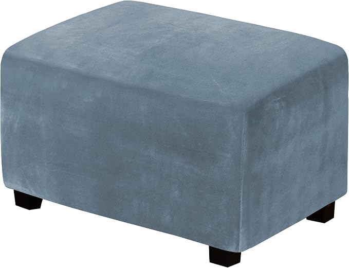 H.VERSAILTEX Real Velvet Plush 1 Piece Form Fit Stretch Rectangle Folding Storage Covers Ottoman Slipcovers Removable Footstool Protect Footrest Covers Elastic Bottom Washable(X-Large, Stone Blue)