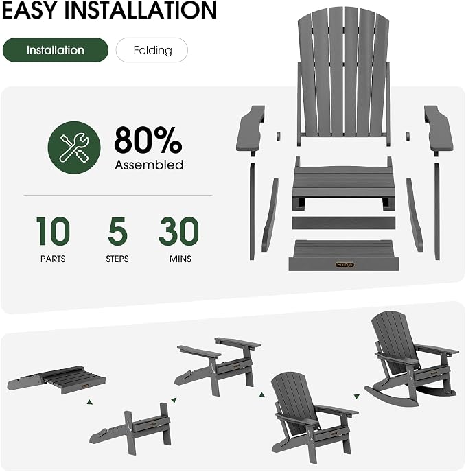 Adjustable Adirondack Rocking Chair Set of 4 with Retractable Ottoman Footrest, 4-in-1 Foldable HDPE Outdoor Rocker, Weather Resistant Adirondack Chair for Porch, Garden & Poolside, Grey