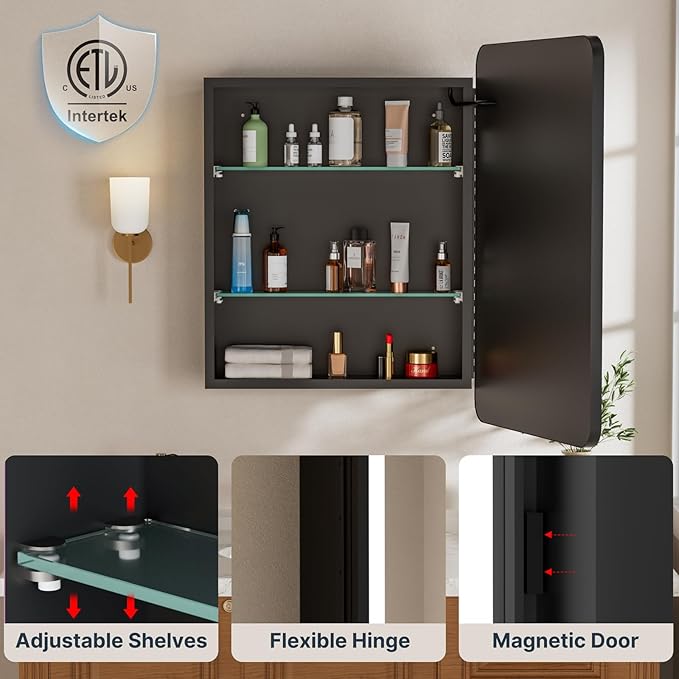 20x28 Medicine Cabinet with Lights,Wall or Recessed Mounted LED Bathroom Mirror Cabinet, Defogger, Storage Shelf, 3 Color Dimmable Light with Memory Function, Black, Right Hinge