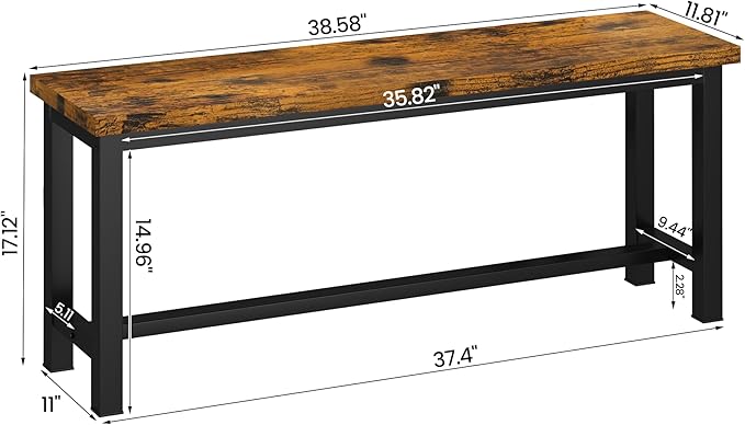 Recaceik Dining Benches - Pair of 2 Industrial Benches for Dining Room, Kitchen, Entryway, Bedroom - 39 Inch, Rustic Brown Metal Legs, Easy to Assemble