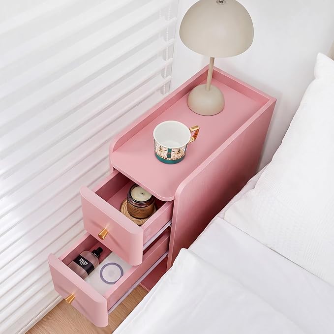 Pink Narrow Nightstand, Wooden Small 2 Drawer Nightstand, Slim Side End Table, Skinny Bedside Table, Mid Century Modern Night Stand with Drawers, for Living Room (Pink-1 pc)