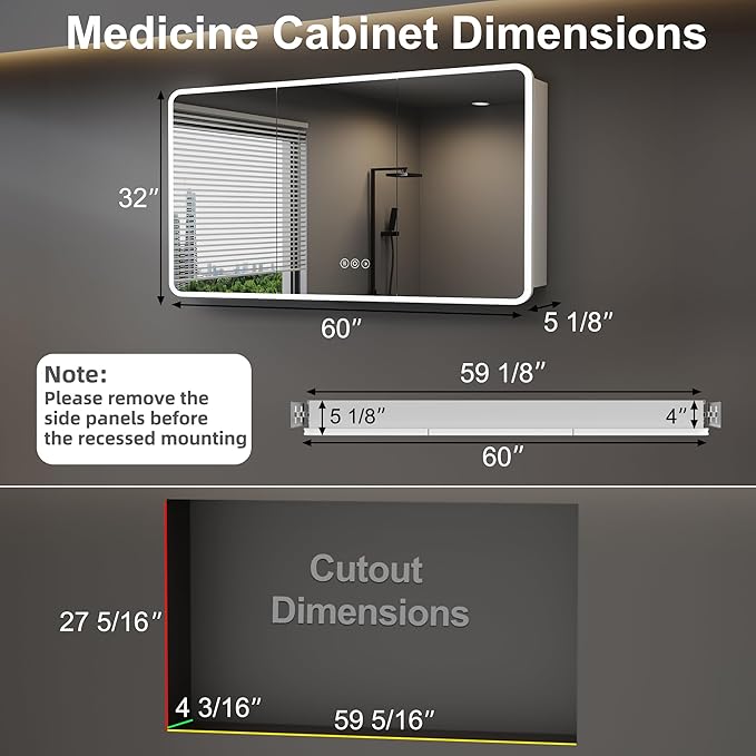 Medicine Cabinet with LED Lights and Mirror, 60 x 32 Inch Surface or Recessed Mounted Bathroom Cabinets with Door, Defogger, Memory Function, 3-Color Mode, Outlet&USB, Dimmer, Storage
