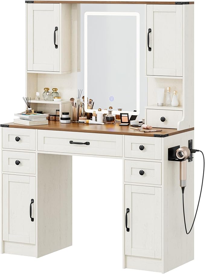 KAMABOKO Rustic Farmhouse Vanity Desk with Adjustable LED Mirror, Makeup Dressing Table with 5 Drawers 4 Cabinets & Built-in Power Outlet, Retro Storage Vanity for Bedroom & Dressing Room(045 Brown)