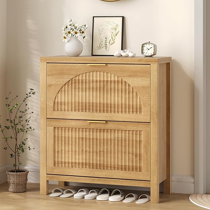 YOMILUVE Shoe Storage Cabinet for Entryway, Fluted Shoe Cabinet with 2 Flip Drawers, Hidden Shoe Rack Slim Freestanding Hidden Shoe Organizer for Foyer, Hallway, Oak
