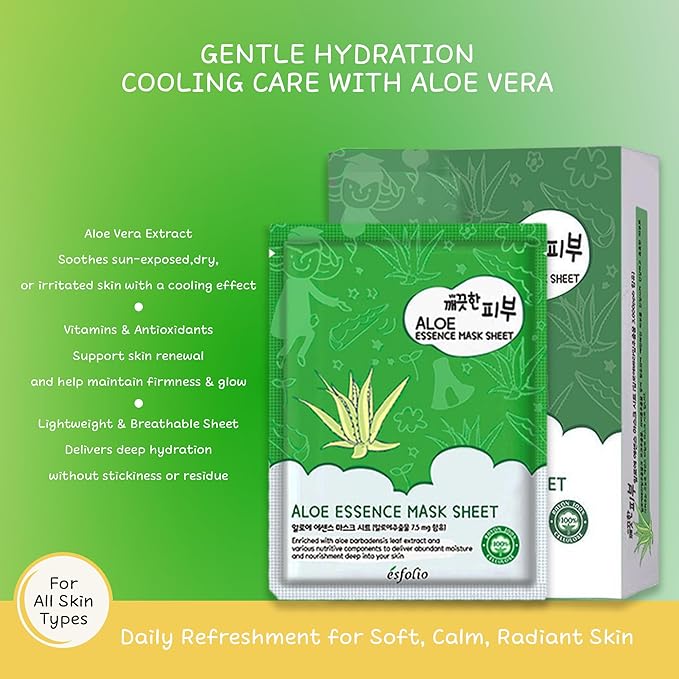 Esfolio Pure Skin Aloe Vera Face Mask Sheet – Hydrating Korean Sheet Mask for Soft, Balanced Skin – Lightweight Daily Skincare with Botanical Extracts – Easy to Use, Made in Korea (Pack of 10)