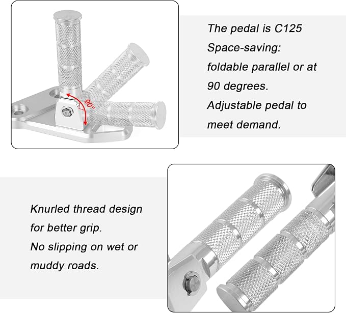Motorcycle Passenger Footpegs C125 Aluminum Foldable Foot Pegs Rear Footrest Pedals Bracket for Honda Super Cub C125 C 125 JA48 JA58 JA71 2018-2025 (Silver)