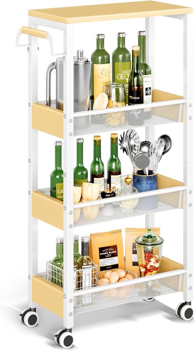 Utility Slim Storage Cart with Wheels, 4 Tier Slim Rolling Cart, Slim Rolling cart for Kitchen,Small Rolling Cart with Wood Top, Skinny Metal Organization Trolley Laundry with Handle for Small Space