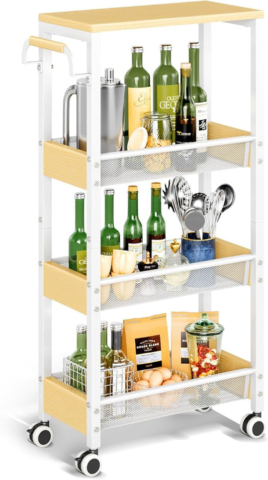 Utility Slim Storage Cart with Wheels, 4 Tier Slim Rolling Cart, Slim Rolling cart for Kitchen,Small Rolling Cart with Wood Top, Skinny Metal Organization Trolley Laundry with Handle for Small Space