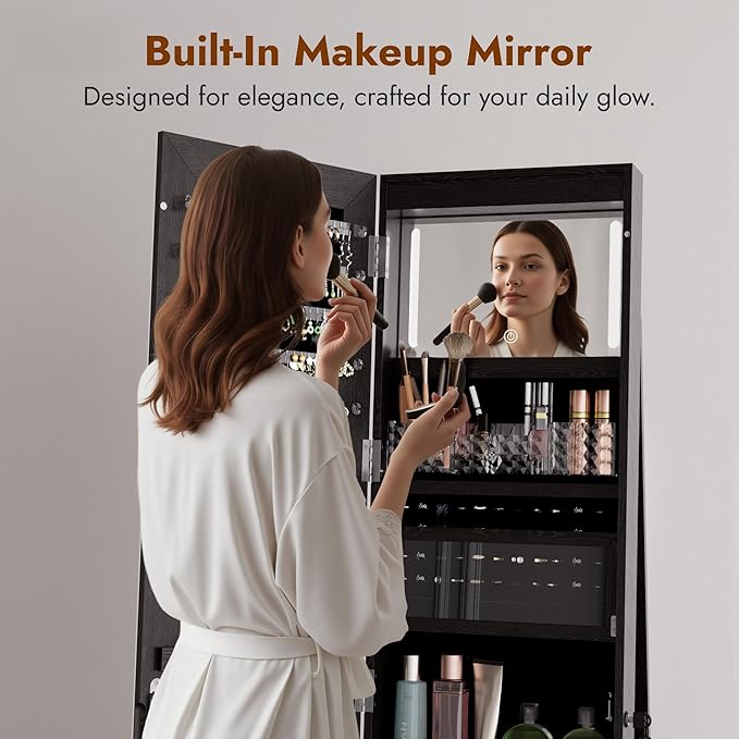 Zamildon's LED Mirror Jewelry Armoire, 360° Swivel Full Length Mirror Cabinet, Freestanding Mirrored Jewelry Organizer with LED Lights and Storage Shelves, Black