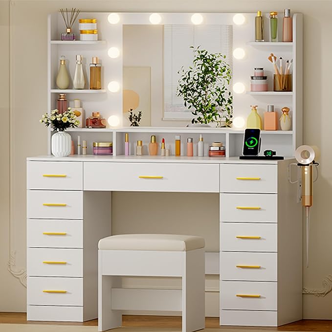BEWISHOME Vanity Desk with Mirror and Lights,Makeup Vanity Table with Power Outlet,3 Color Modes,White Vanity Set with 11 Drawers,6 Open Shelves and Storage Stool,Dressing Table for Bedroom FST50W