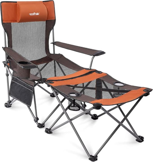 apollo walker Reclining Beach Chair, Adjustable 90-135° Backrest Camping Lounge Chairs for Adults, Folding Chair with Foot Rest & Detachable Pillow - Upgraded 8-Leg, Orange