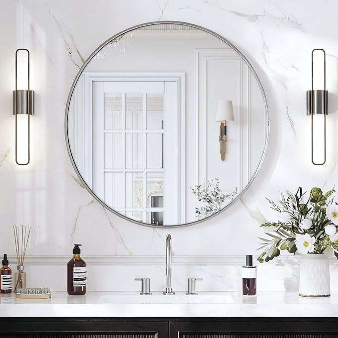 USHOWER Brushed Nickel Bathroom Mirrors for Over Sink, 36 Inch Circle Mirror with Metal Frame, Wall Mirror for Vanity, Entryway, Living Room, Hallway and Bedroom Decor
