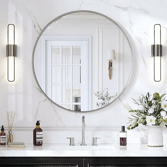 USHOWER Brushed Nickel Bathroom Mirrors for Over Sink, 36 Inch Circle Mirror with Metal Frame, Wall Mirror for Vanity, Entryway, Living Room, Hallway and Bedroom Decor