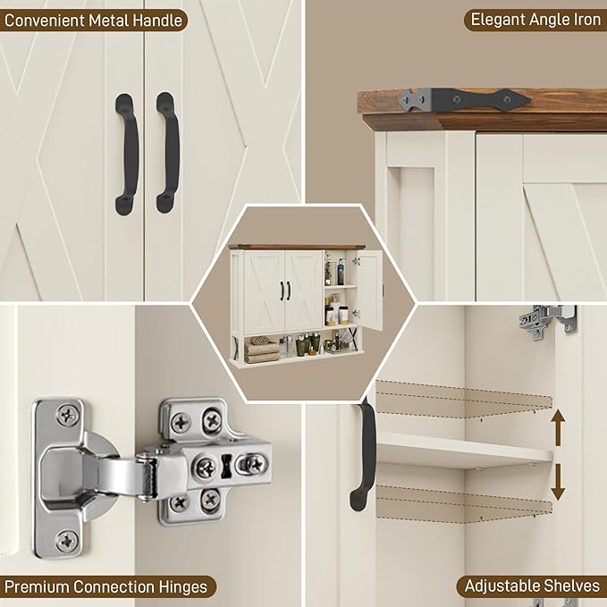 Halitaa Bathroom Wall Cabinet, Farmhouse Medicine Cabinet with Adjustable Wood Shelf & 3 Doors, Over The Toilet Storage Cabinet for Wall Mounted for Bathroom Laundry Room Kitchen, White and Brown