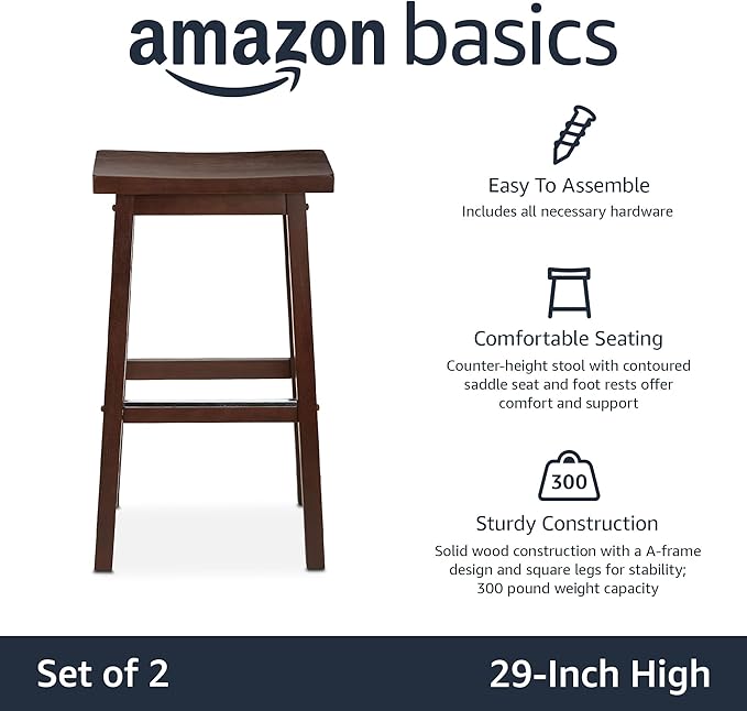 Amazon Basics Solid Wood Saddle-Seat Counter Height Bar Stools for Kitchen Island and Home Bar with Footrest, 29-Inch Height, Walnut, Set of 2