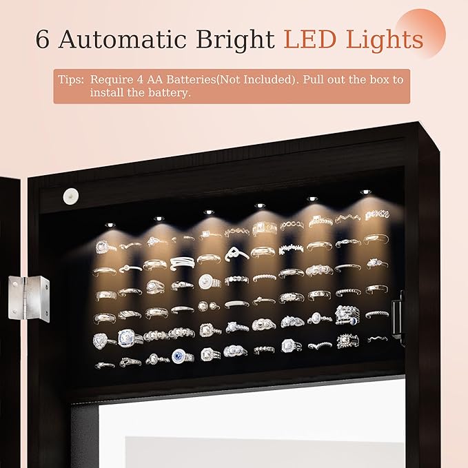 Unisakey Mirror Jewelry Cabinet,Lockable Wall or Door Mounted Jewelry Armoire Organizer With Built-up Mirror,LED Lights, Drawers,Cosmetic Trays,Shelves, 14.4"x3.15"x 43.1"（Black）