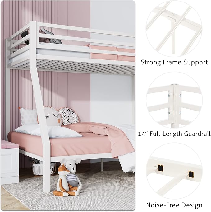SHA CERLIN Loft Bunk Bed Twin Over Full Size with Ladder and Guardrail,Heavy Duty Metal Slats Support No Box Spring Needed Small Space Saving Furniture for Bedroom Dorm,White