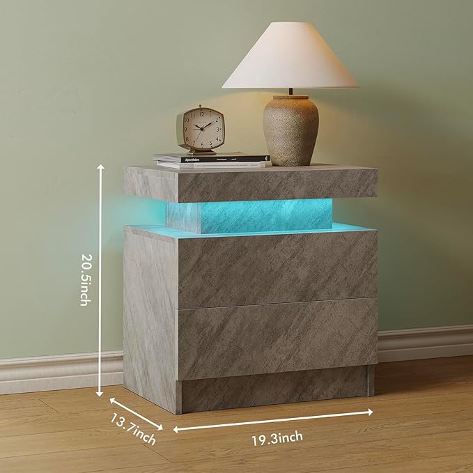 LED Nightstand Modern Bedside Table for Bedroom Night Stand with 2 Wood Drawers End Side Table with 16 Colors LED Strip for Bedroom