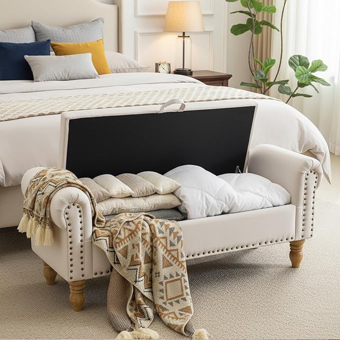 51.5" Bench for Bedroom End of Bed Storage Bench, Upholstered Linen Storage Ottoman with Rolled Arms for Bedroom, Living Room, Entryway, Beige