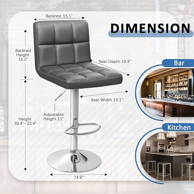 Homall Bar Stools Modern PU Leather Adjustable Swivel Barstools, Armless Hydraulic Kitchen Counter Bar Stool Extra Height Square Island Barstool with Back Set of 2 (Leather, Deep Gray)