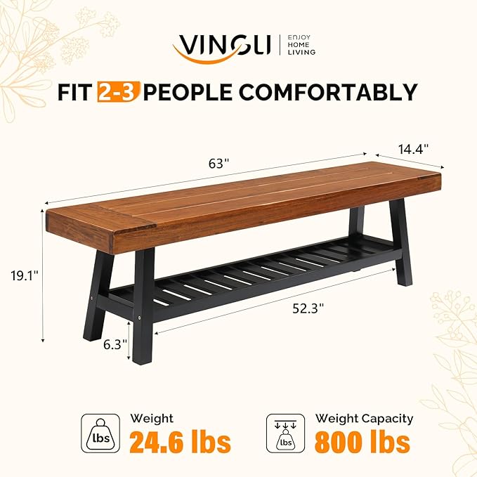 VINGLI 63in Storage Bench, Solid Wood Seat with Iron Storage Shelf, Weather Resistant High Capacity Indoor Outdoor Dining Benches, Sturdy Shoe Rack Bench for Entryway Mudroom Porch