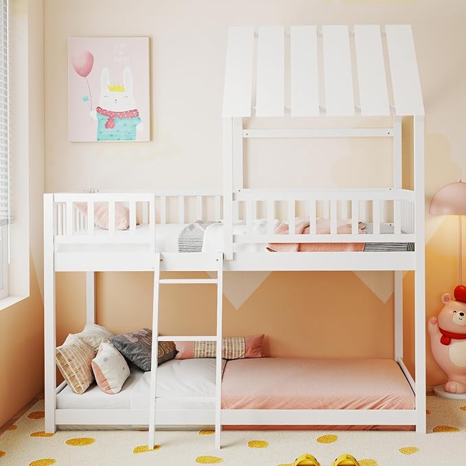 Giantex Twin Over Twin House Bunk Bed, Low Loft Bed Frame with Roof, Wood Bunk Bed with Ladder & Full-Length Guardrails, Twin Floor Bed for Kids Teens Boys Girls, No Box Spring Needed (White)
