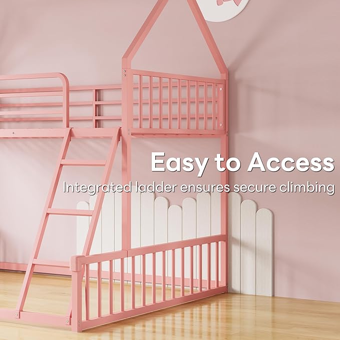 LIKIMIO Bunk Bed Twin Over Full Size, House Bunk Bed Frame with Ladder and Guardrail, House Shaped with Metal Slats Support No Box Spring Needed Space Saving for Bedroom and Dorm, Pink