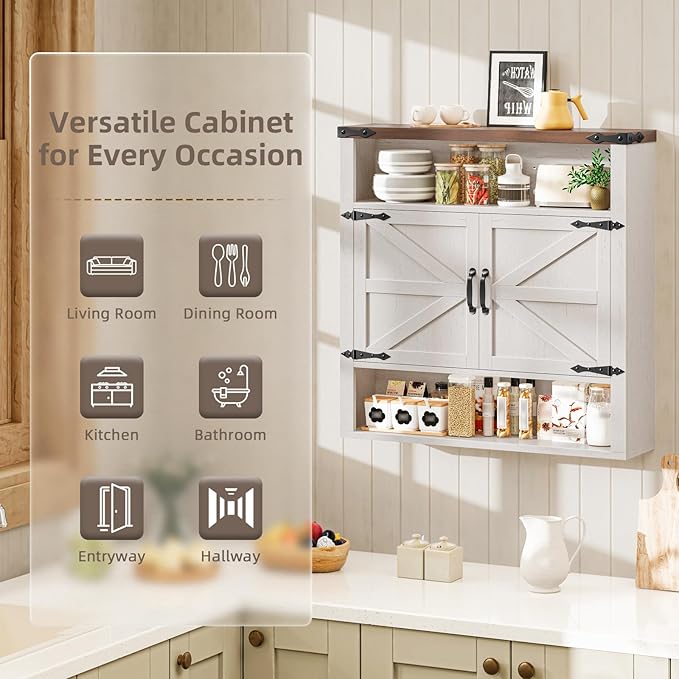 Bathroom Wall Cabinet, Farmhouse Medicine Cabinet with Adjustable Shelves and 2 Barn Doors, Wall Mounted Over the Toilet Storage Cabinet for Bathroom, Laundry Room, Kitchen, Rustic White and Brown