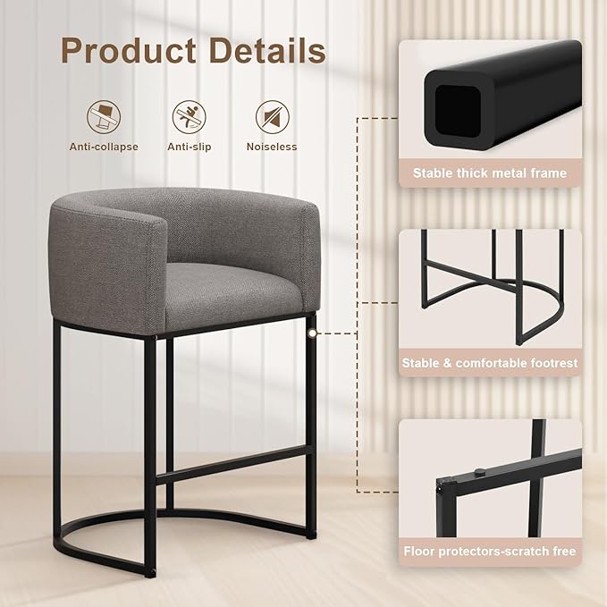 26" H Counter Height Bar Stools Set of 4, Modern Barrel Counter Stools with Backrest and Arms, Linen Fabric Upholstered Accent Barstools for Kitchen Island,Support 450 LBS (Gray)