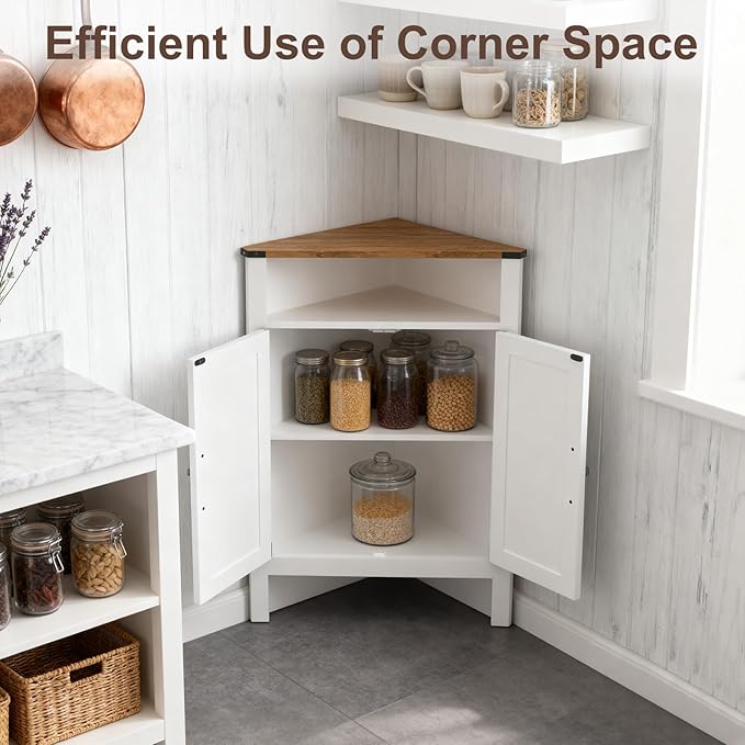 M METERXITY Bathroom Corner Cabinet, Farmhouse Corner Cabinet with Barn Doors, Adjustable Shelf, Small Storage Cabinet Corner for Kitchen, Pantry, Dining, Living, Entryway, Rustic