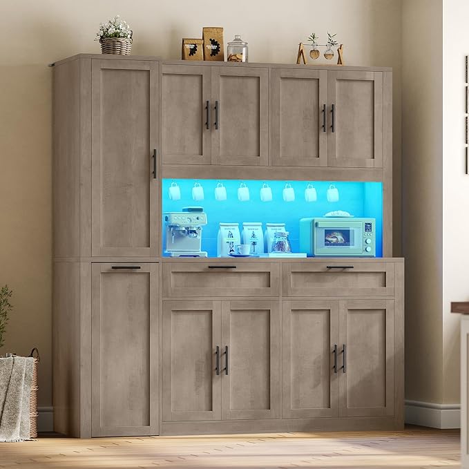 Itaar 71" Kitchen Pantry Cabinet with Charging Station and Led Light, Kitchen Storage Cabinets with Microwave Stand, 59" Wide Pantry Storage Cabinet with Storage Cart 3 Tier for Dining Room, Grey