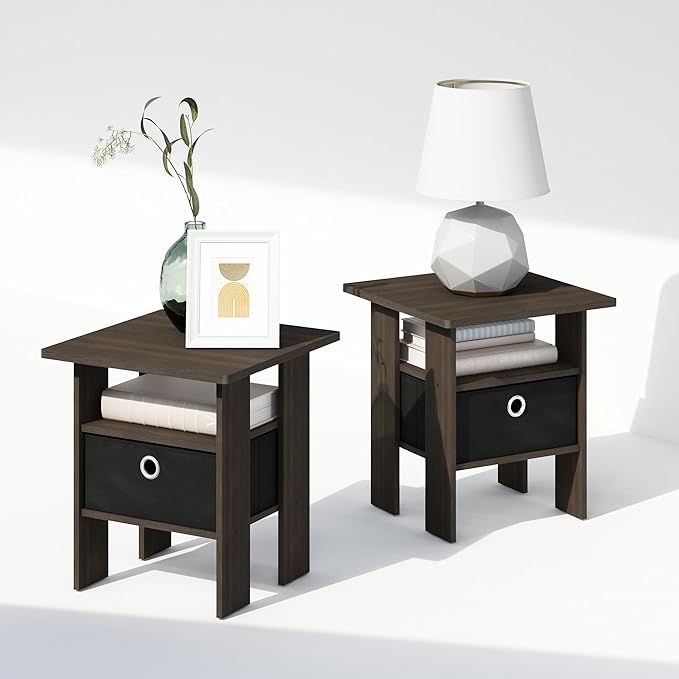 Furinno TIDUR Night Stand Set of 2, Open Shelf Design Nightstand with Storage Bin, Bedside Table, End Table, Side Table, for Bedroom, Closet, Dorm, Dark Brown